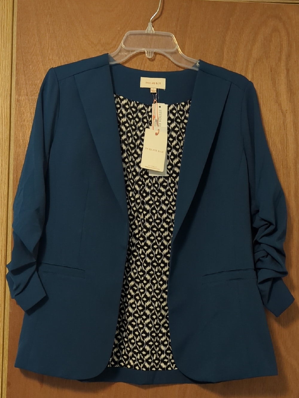 Skies Are Blue Teal Open-Front Blazer with Ruched Three-Quarter Sleeves